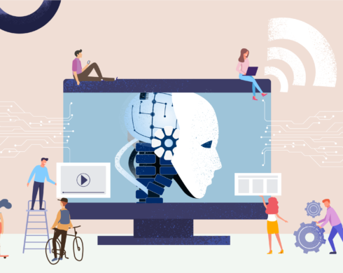 Imagem com diversos avatares, passando a mensagem de jovens no ambiente de trabalho, com ambiente participativo e despojado. Ao centro, uma tela de computador com uma imagem que define a digitalização das empresas